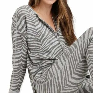 Aerie Womens XS Zebra Print Waffle Knit Thermal Henley Shirt Oversized Soft Gray